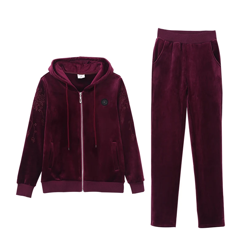 

Thicken velvet tracksuit for women 2019 winter female plus size hoodie jacket+pants suits womens embroidery two piece sets