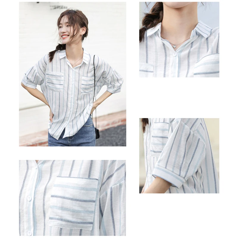 

Blue Striped Blouse Women Summer Short Sleeve Loose Casual Button Up Tops Shirts Female Plus Size Workwear Shirts S-XL