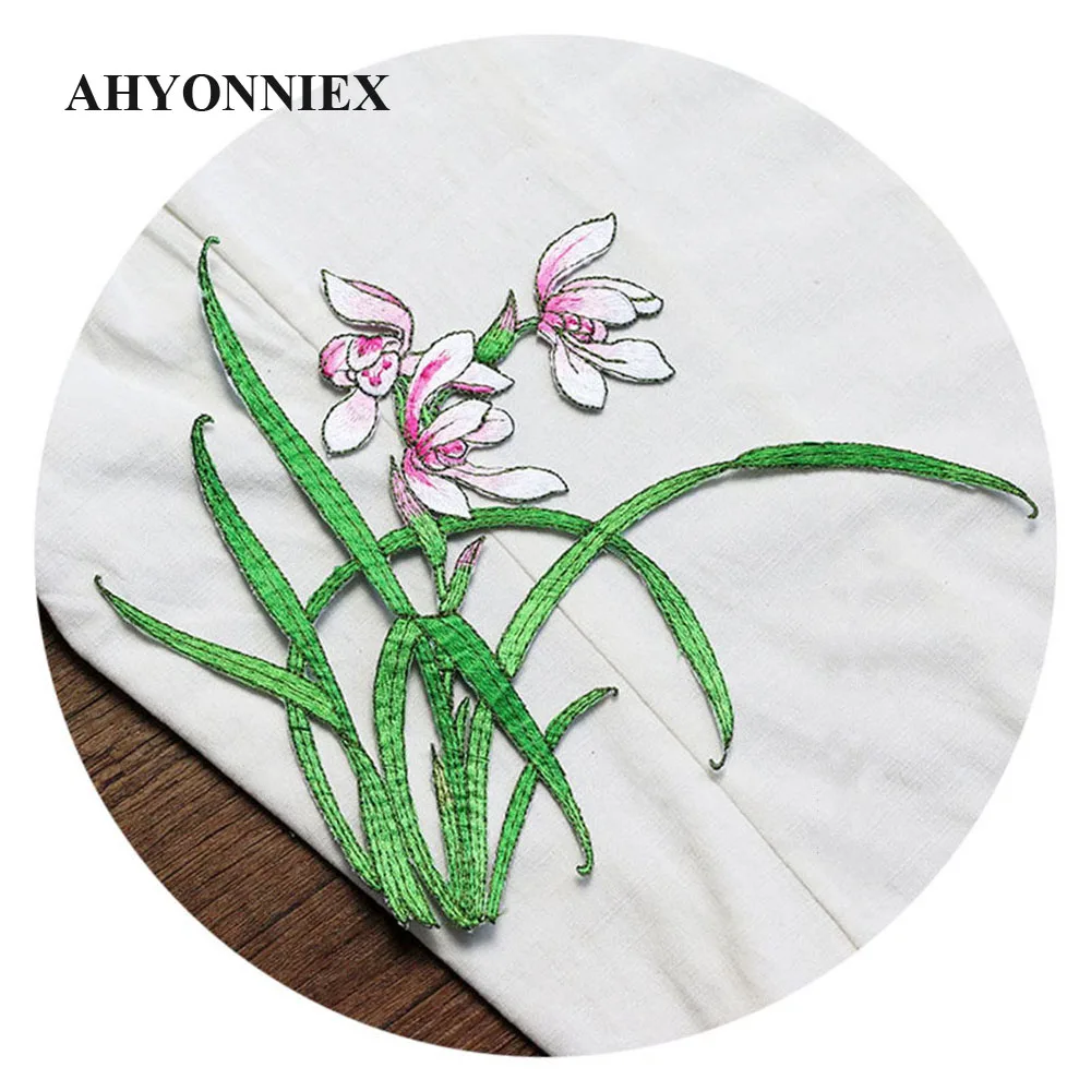 

AHYONNIEX 1 Piece Embroidered Orchid Flower Patches Clothes Bags DIY Applique Embroidery Parches Iron On Patch for Clothes