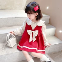 girls clothing set peter pan collar kids topsdress with bow 2pcsset autumn elegant suits children christmas clothes sets 1 6y