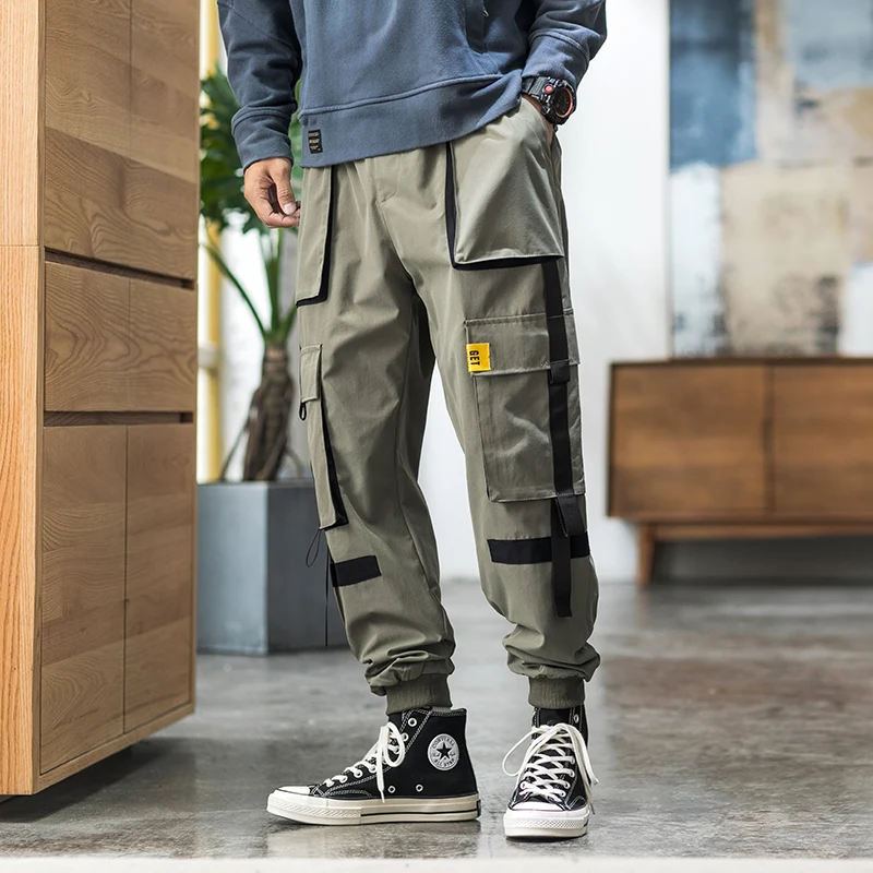 

Streetwear Hip Hop Cargo Pants 2021 Spring Autumn Mens Baggy Pockets Ribbon Joggers Pants Men Japanes Style Black Harem Pants