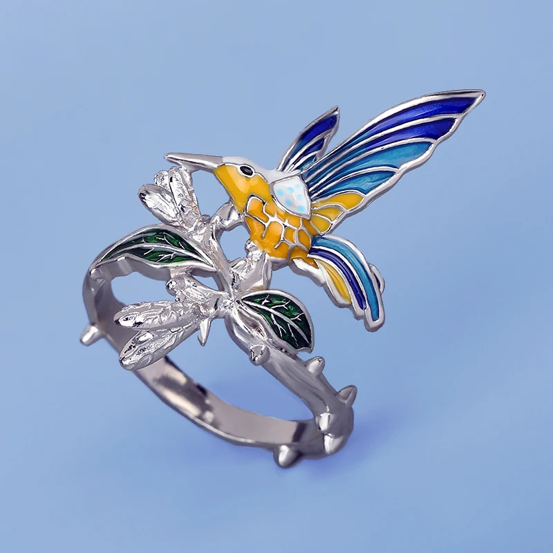 

Creative Elegant Hummingbird Rings for Women Silver Color Branches Leaves Vintage Ring Party Cocktail Enamel Jewelry
