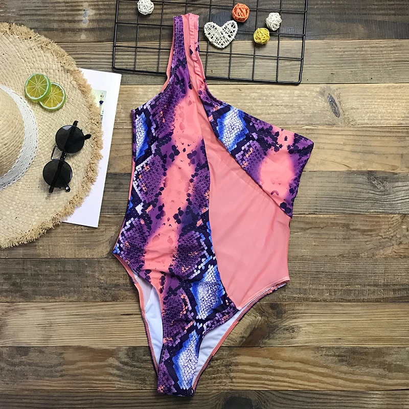 Сексуальный цельный купальник на одно плечо со змеиным принтом женский боди с