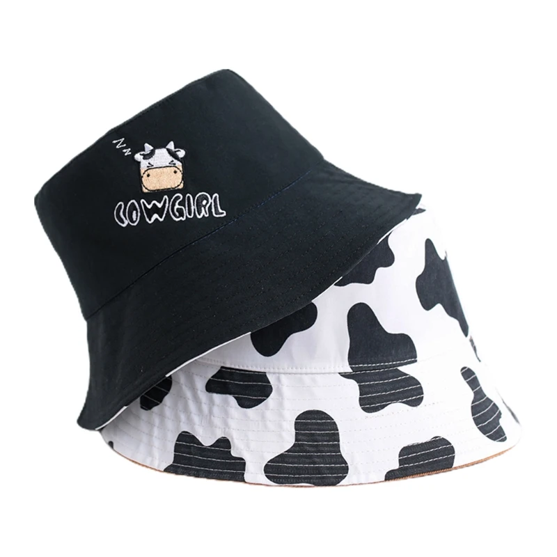 

Cartoon Cow Letters Embroidery Bucket Hat Reversible Sunscreen Fisherman Cap