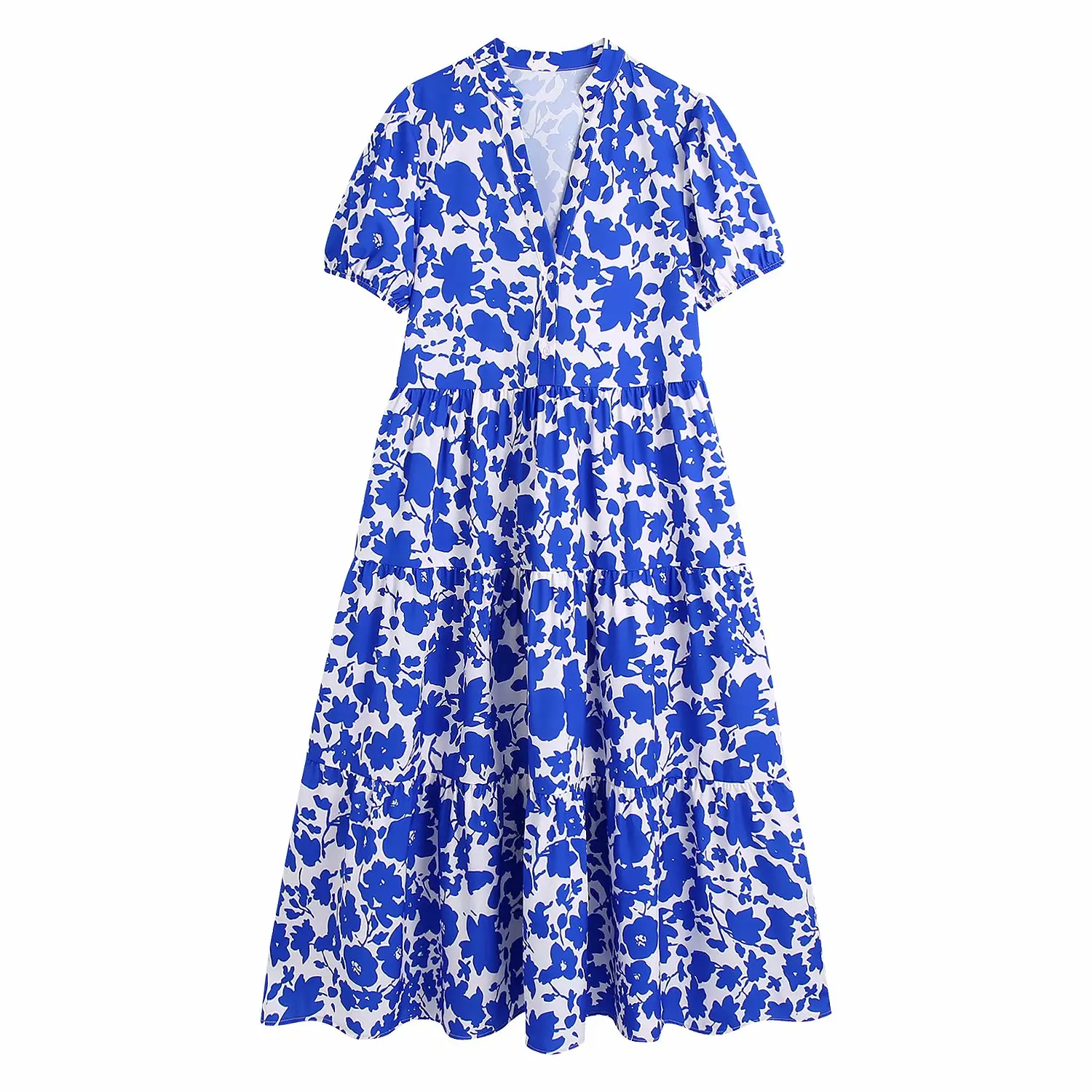 

New Summer Floral Blue Dress Women V-neck Short Puff Sleeves Vintage Maxi Shirt Dress Women Robe