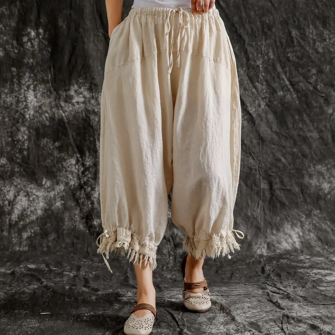 Johnature New Casual Vintage Cotton Linen  Ankle-length Harem Pants 2023 Summer Solid Color Tassel Pockets Women Pants
