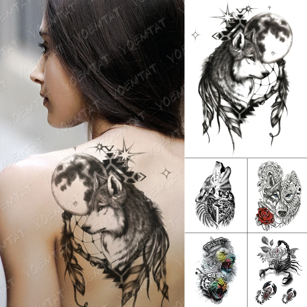 

Women Men Temporary Tattoos 2021 Body Transfer Semi Permanent Tiger Jagua Ephemeral Tattoo Tatu Back Shoulder Wolf Fox Sexy Art