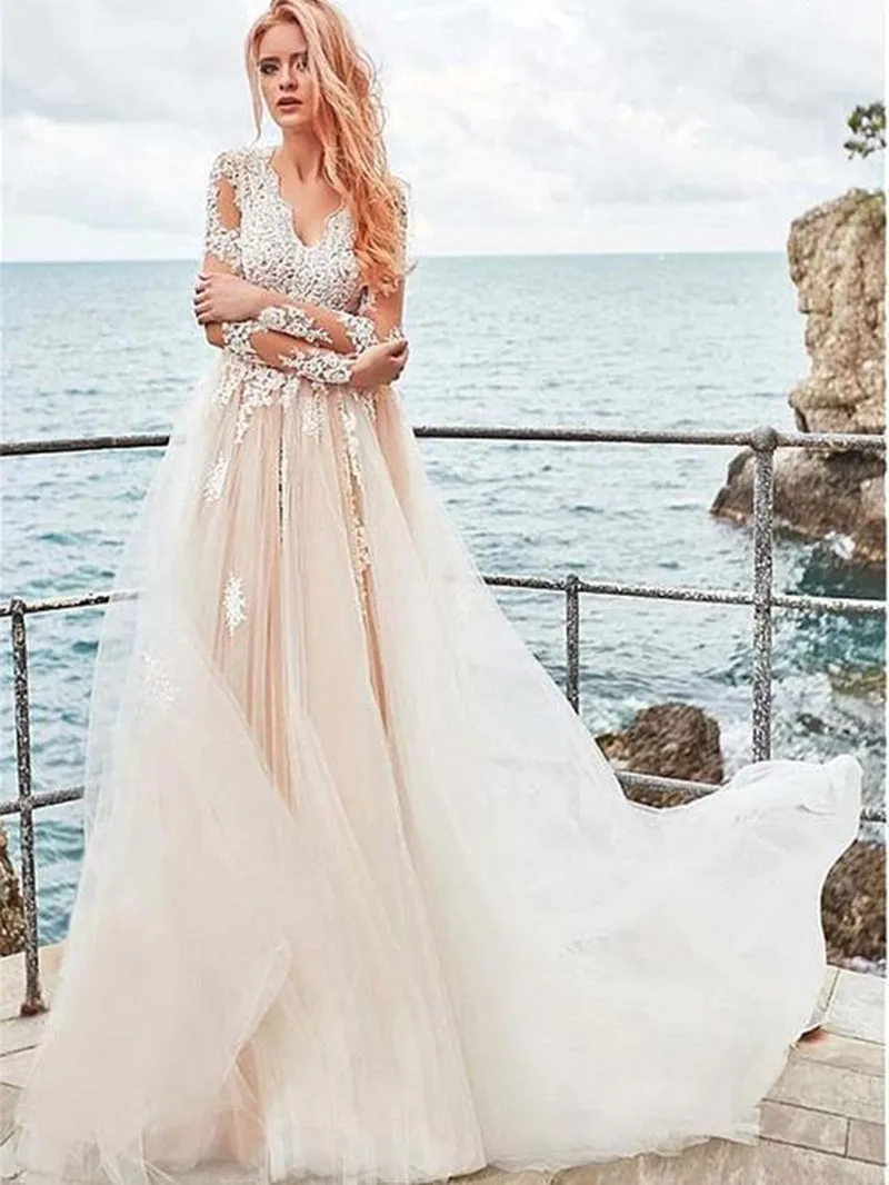 Vestido De novia De manga larga estilo playero romántico, encaje bohemio, Vestido De novia con tul, con cuello De pico, 2020