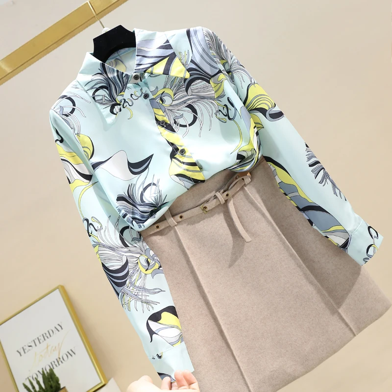 

Autumn 2021 New Fashion Temperament Blouse Female Lapel Was Thin and Versatile Blusa Printed Long-sleeved Shirt DK1372