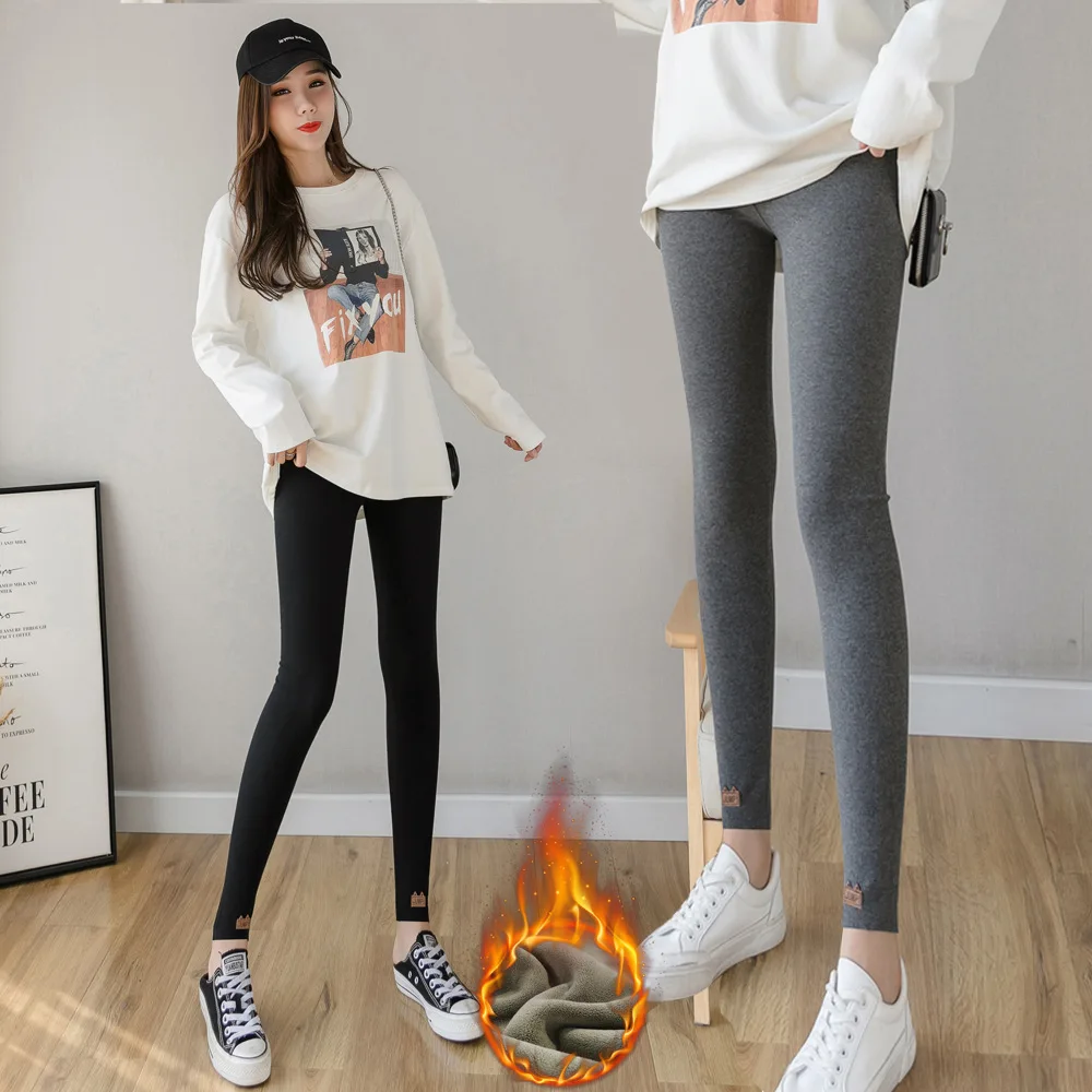 INITIALDREAM Keep Warm Thick Velvet Winter Leggings Women 2021 Solid Color Slim Large Size Cotton Pants Female Outwear