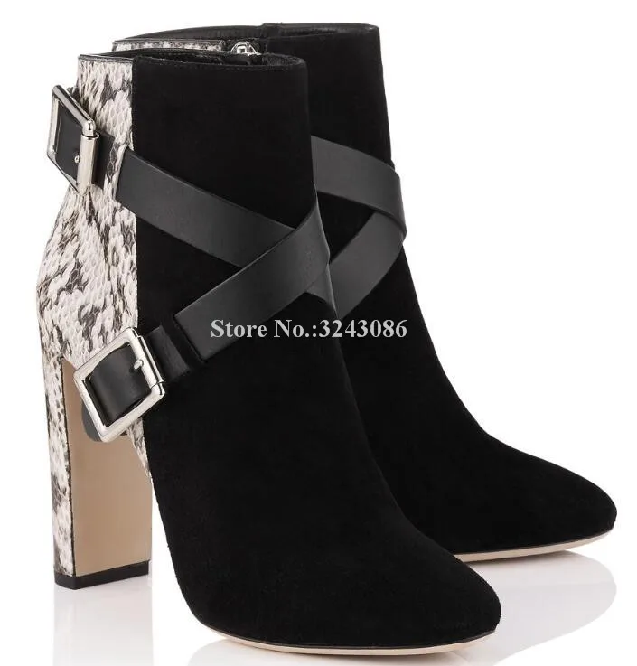 Лоскутные женские ботильоны на толстом каблуке из змеиной кожи модные замшевые