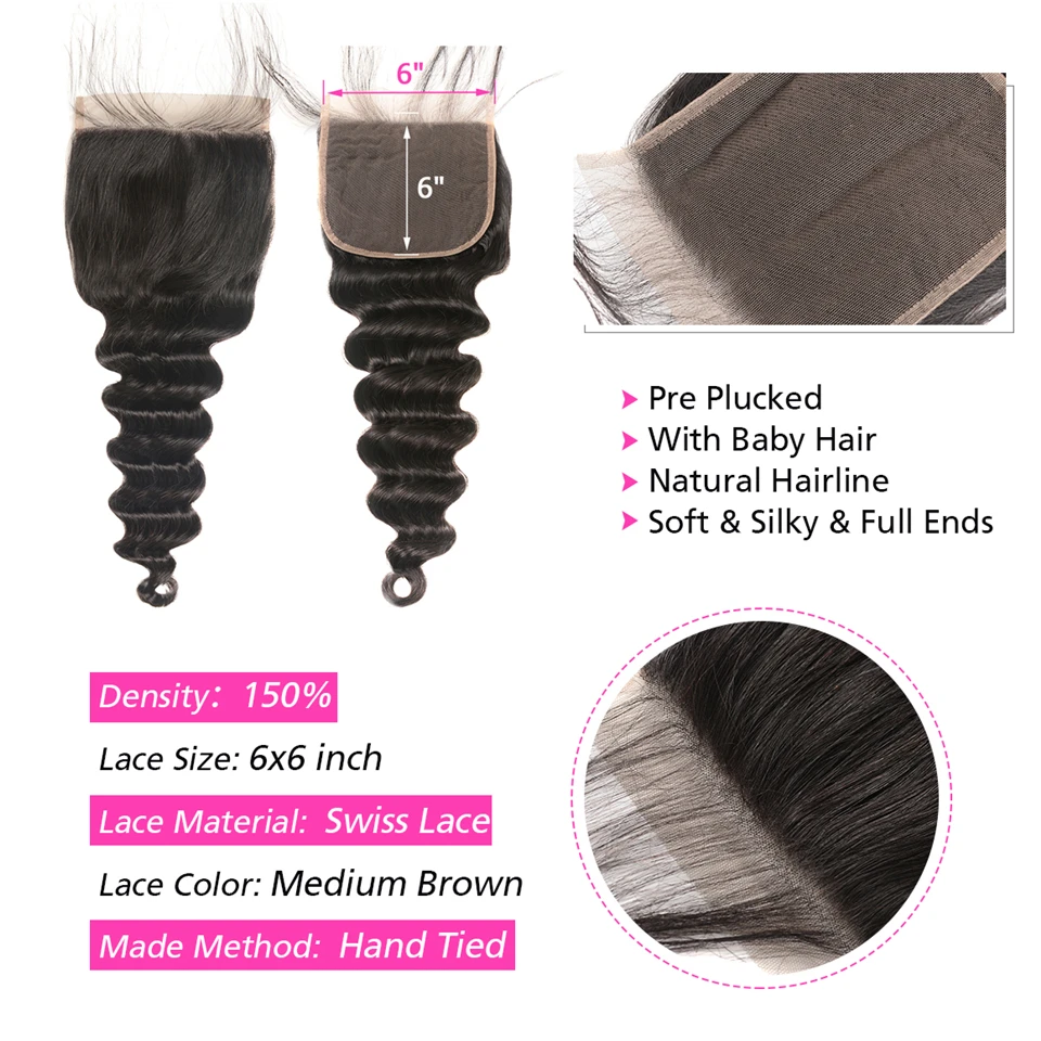 Свободные бразильские пучки волос с закрытием 6x6 предварительно сорванные Remy