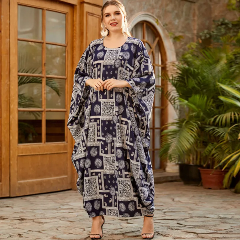 

Oversized Loose Color Printing Bat Sleeve Robe Muslim Hui Dubai Long Sleeve Women Summer Dress