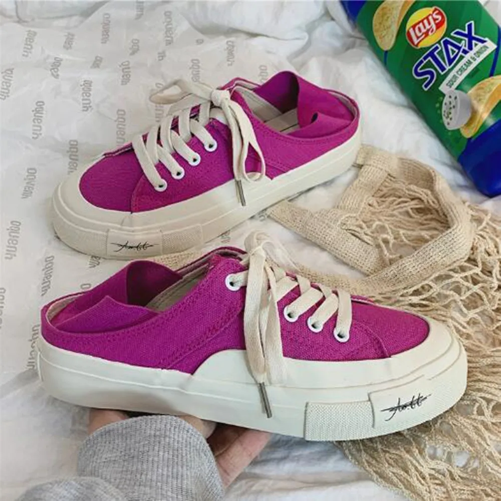 

Парусиновые полуботинки для женщин, однотонные фиолетовые туфли на плоской вулканизированной подошве для взрослых, Корейская повседневна...
