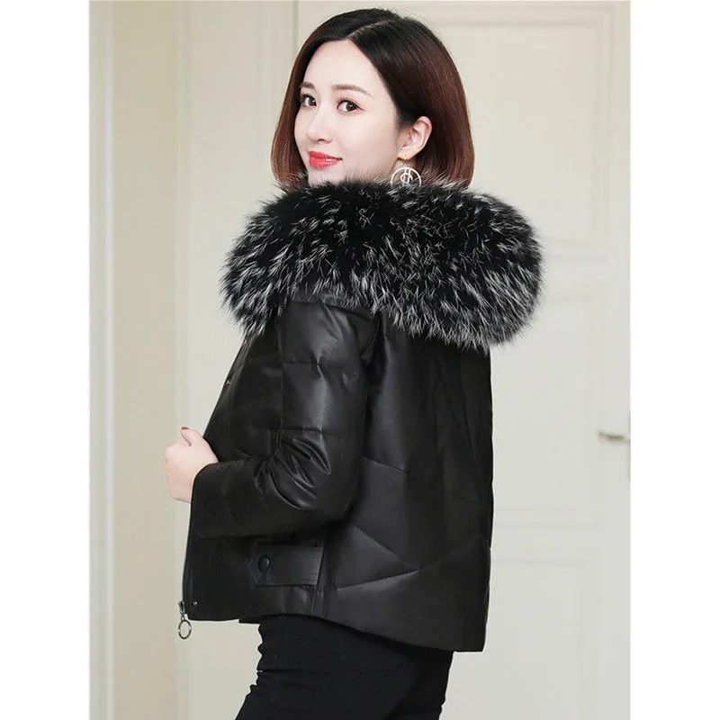 

2021 Women Winter New Loose Solid Fashion Hooded Elegant PU Leather Jacket Coats Female Korean Office Ladies Short Parkas E118