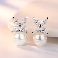 trendy four clover stud earrings shiny aaa zircon imitation pearl earring stud simple elegant earring piercing jewelry for women