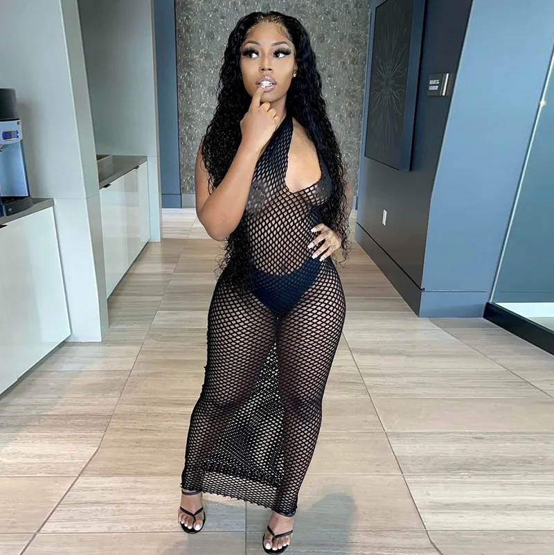

Women 2021 Summer New Solid Color One-shoulder Openwork Backless Mesh Perspective See Through Long Dress Nightclub Party Dress