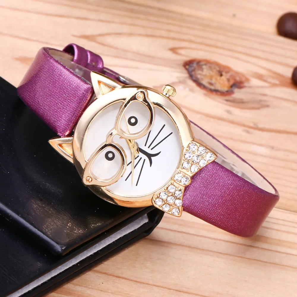 

Cute Glasses Cat Women Analog Quartz Dial Wrist Leather Band Watch Ladies Dress Creative 2019 Clock Watches Reloj Mujer Q
