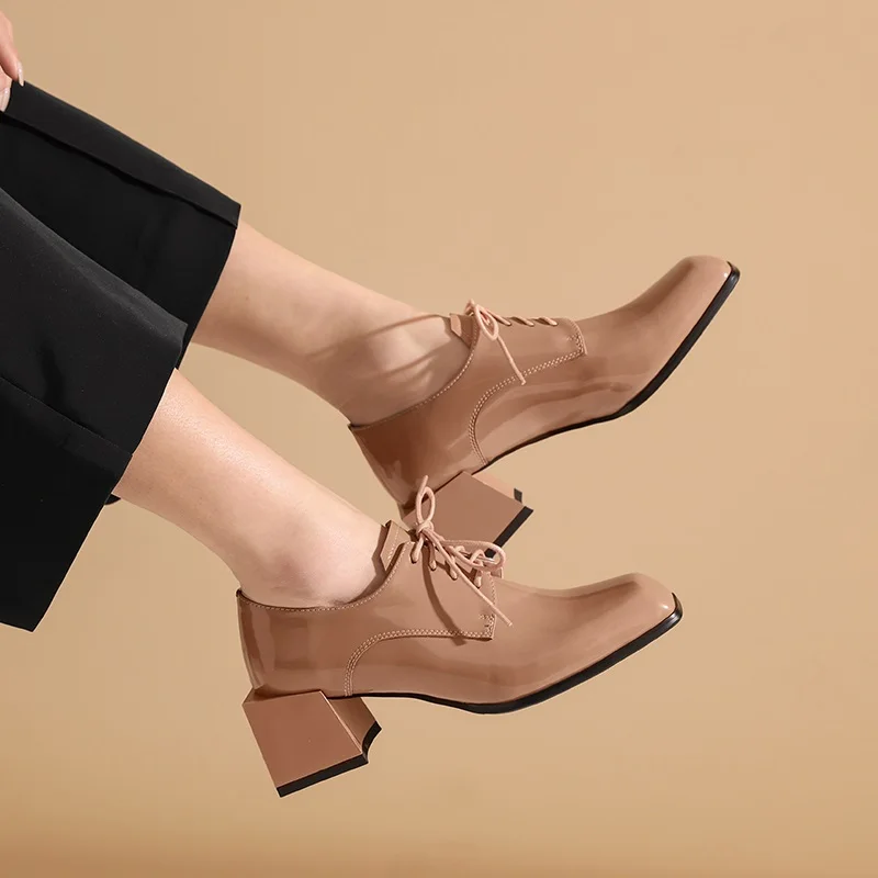 

New brand shoes patent leather hollow out women thick high heel nude pumps net red ladies retro lace-up platform black pumps