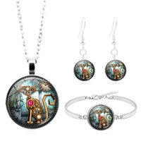 steampunk mechanical cat cabochon glass pendant necklace bracelet earrings jewelry set totally 4pcs for womens fashion jewelry
