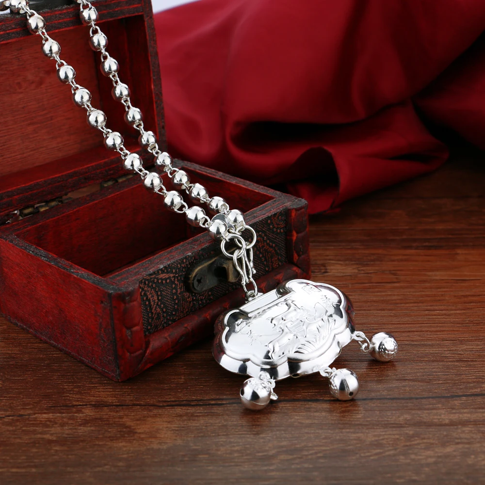 

Vintage Women's 925 Sterling Silver Necklace Classical Lock Pendant Bead Chain Necklace Chinese Style Jewelry Chokers Nekclaces