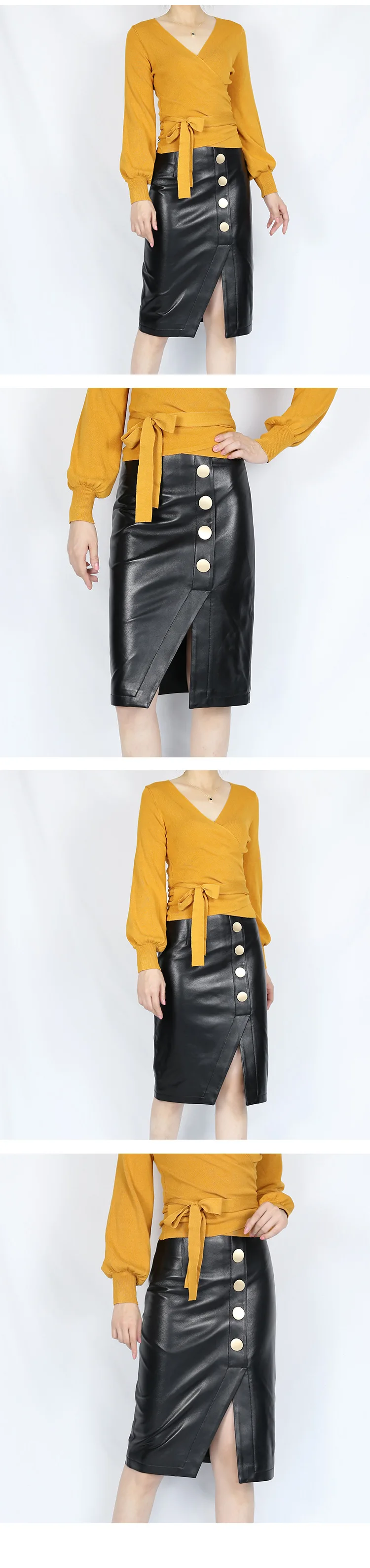 Faldas Mujer Moda зимние женские из натуральной кожи простые золотые пуговицы длинная юбка миди Femme Slit Jupe черный/белый Saias