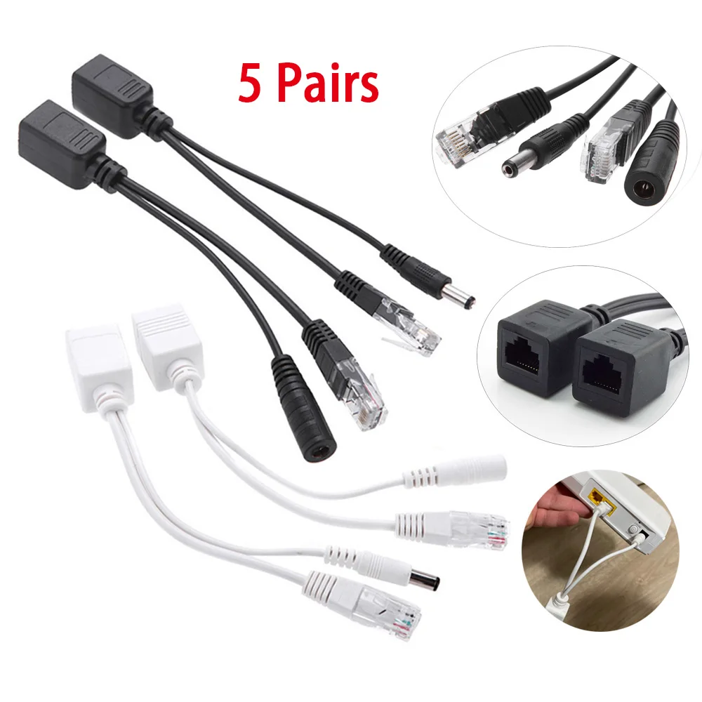 

5Pair(10pcs) POE Splitter Switch Cable RJ45 Injector 12V Power Supply Adapter Connector for IP Camera CCTV Accessories 5.5*2.1mm