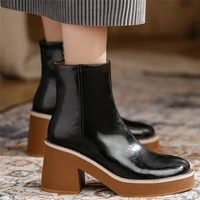 high top motorcycle boots women genuine leather high heel ankle boots female round toe chunky platform pumps shoes casual shoes