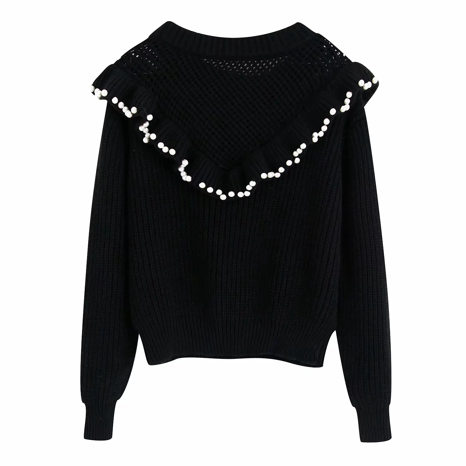 Женский свитер с жемчужинами Za Trf черный вязаный пуловер длинным рукавом джемпер