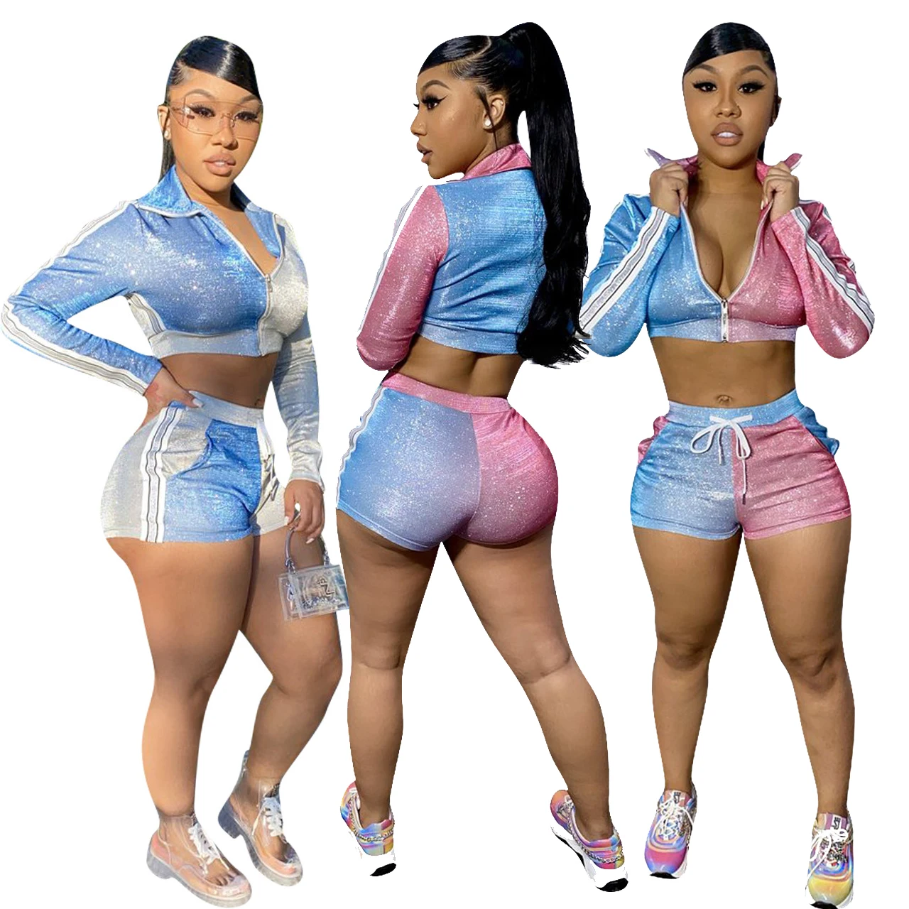 Летний женский модный золотисто розовый комплект из двух предметов на молнии