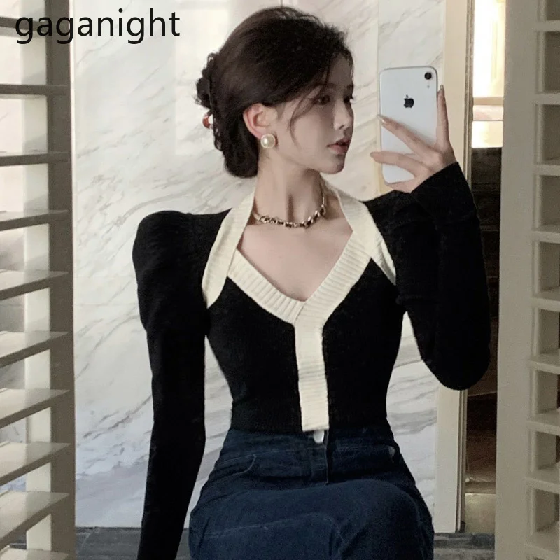 

Gaganight женский ретро тонкий Контрастный ЦВЕТНОЙ свитер Топ 2021 осень и зима Новый V-образный вырез строченный черный пуловер рубашка