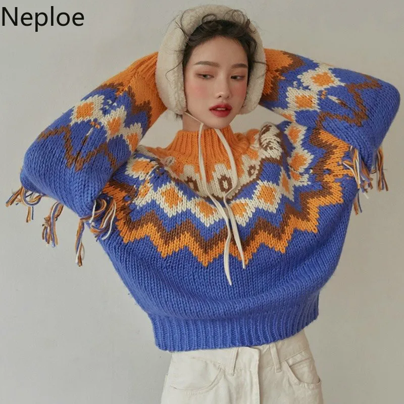 Neploe осенне-зимний свитер с кисточками женский с принтом водолазка короткий Pull Femme Chi элегантный пуловер 46566