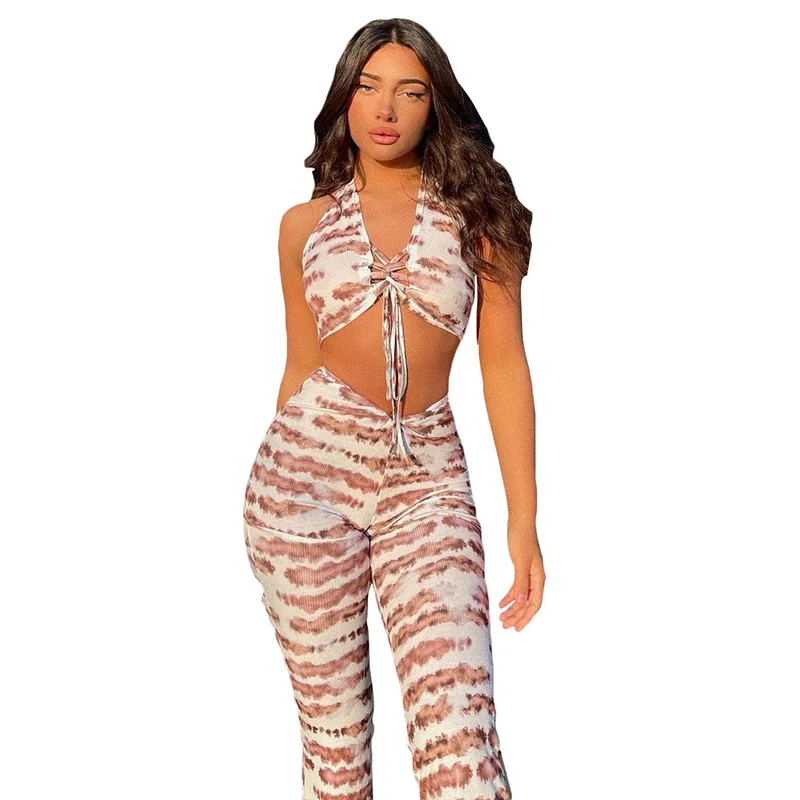 

Women Fashion Print Outfits 2021 Summer Sexy Halter Bandage Crop Top Flare Pants Casual Slim Streetwear Trousers Suits