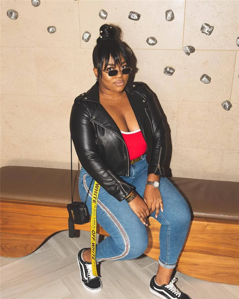 

Women Long Sleeve Stand Collar PU Leather Jacket Coat Outwear Slim Solid Color Black Jacket Zip Up Streetwear Coat Winter Warm