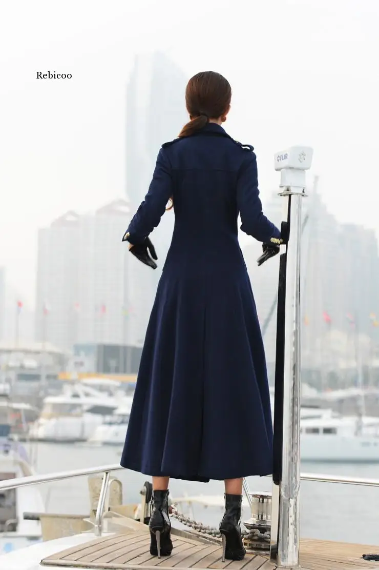 

New style big hem lapel black dark blue women's winter wool coats