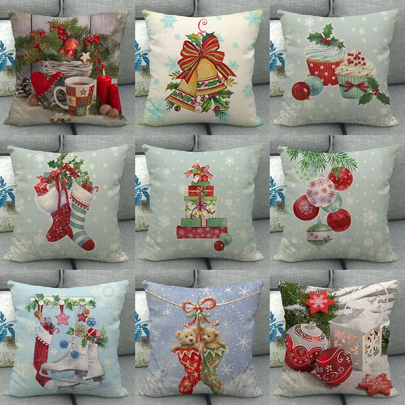 

Christmas Home Decor Socks Hat Print Pattern Cotton Linen Throw Cushion Cover Living Room Sofa Decorative Pillow Case Cover