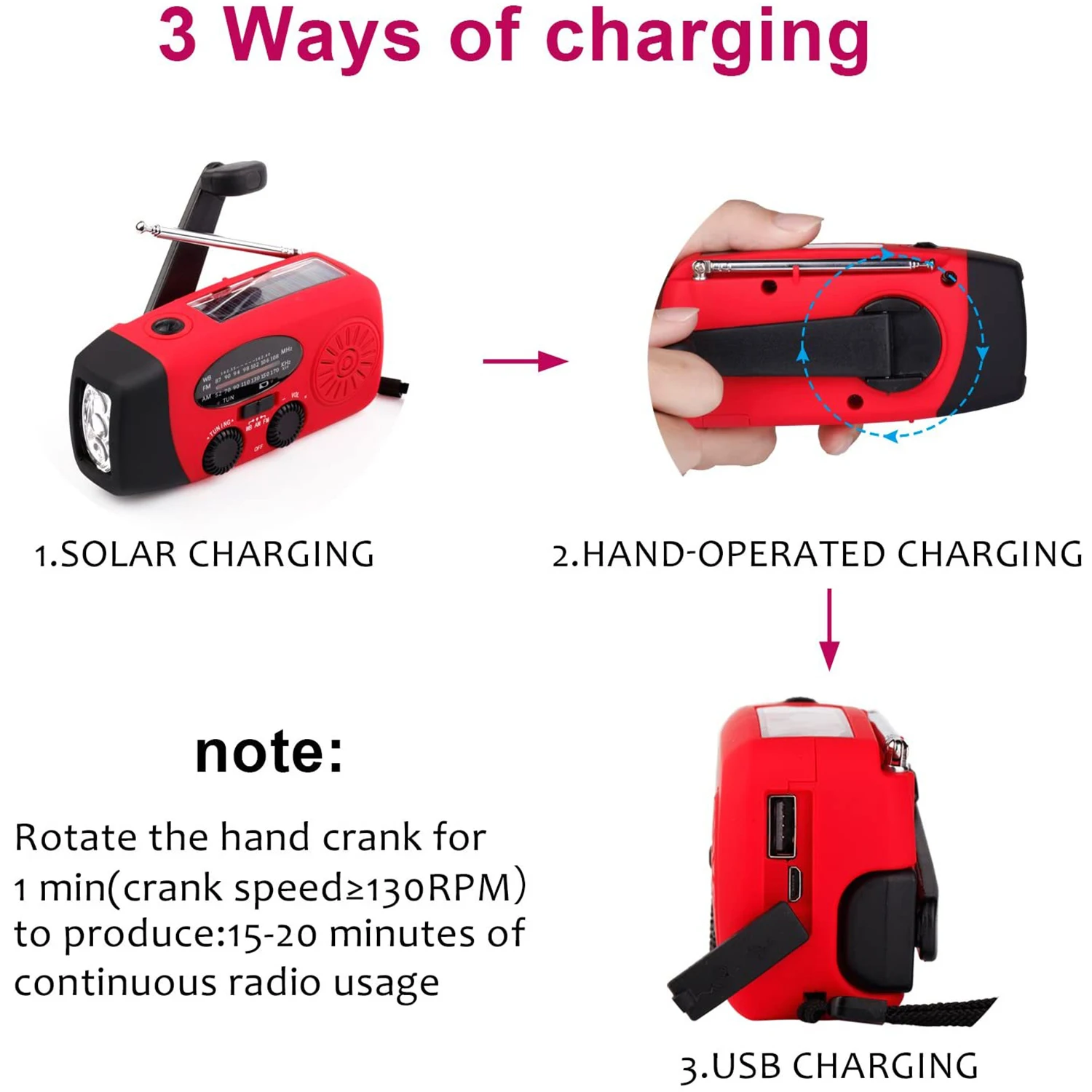 

Solar Radio Emergency Radio AM/FM/WB Weather Radio Hand Crank Radio with 3 LED Flashlight 1000 MAh As a Phone Power Bank