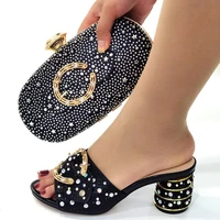black color matching shoes and bag set decorated with rhinestone african shoe and bag set for party in women nigerian shoes bag