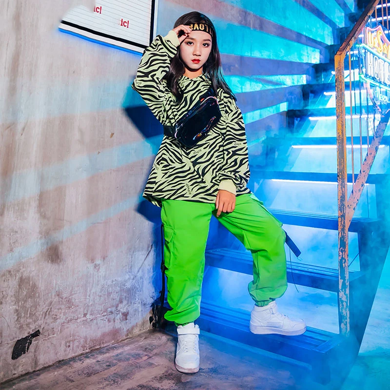 Танцевальные костюмы в стиле хип-хоп для девочек флуоресцентные зеленые брюки