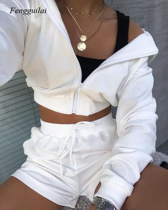 

Костюм спортивный женский из 2 предметов, Повседневный свитер на молнии с капюшоном и длинными рукавами и шорты с высоким подождением, осень