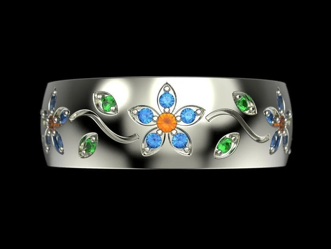 

Summer Small Fresh Simple Women Fashion Jewelry Flower Print Ring Natural Gem Blue Sapphire and Emerald
