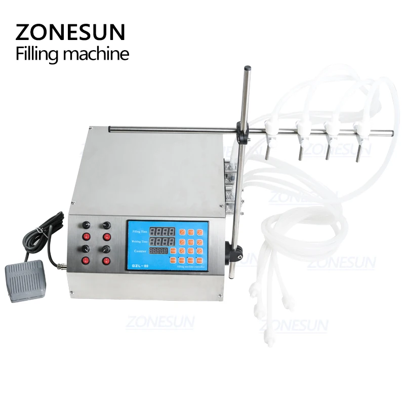 

ZONESUN 4nozzle Bottle Water Filler Semi-automatic Liquid Vial Filling Machine for Juice Beverage Soy Sauce Oil Perfume