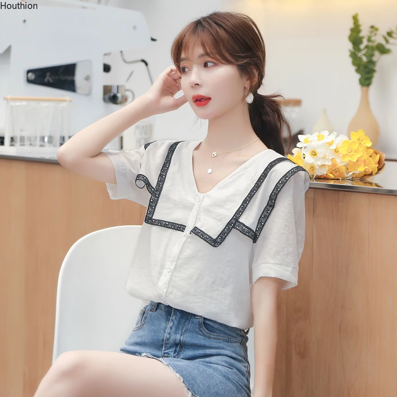 

Women's Blouses Chiffon Short Sleeve Tops V-neck Shirts Strapless Solid Color Splicing Fashion Casual Korean Loose Lady Blusas