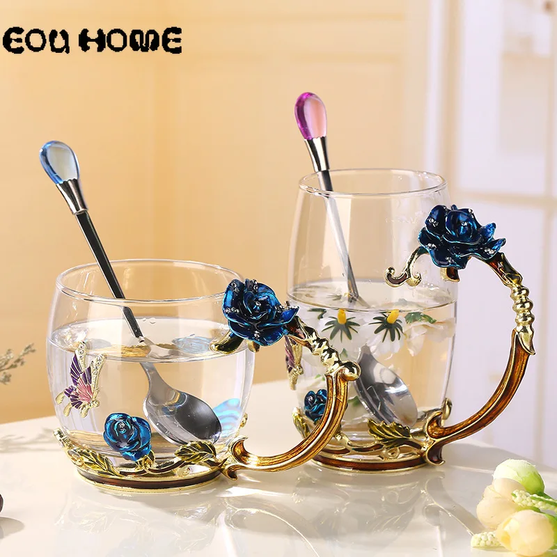 

470ml Novelty Enamel Coffee Mugs Tea Cups and Mug Crystal Flower Tea Glass Cup Hot and Cold Water Milk Coffee Drinkware for Gift