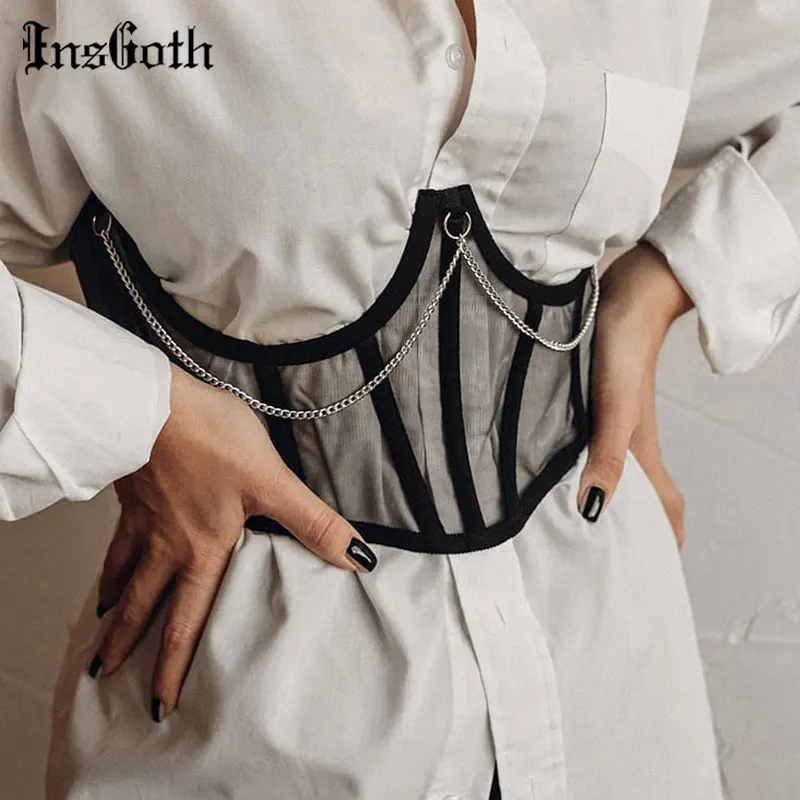 

InsGoth Punk Metal Chain Black Corset Mall Goth High Waist Corsets Harajuku Vintage Mesh See Through Waist Shaper Women Corsets