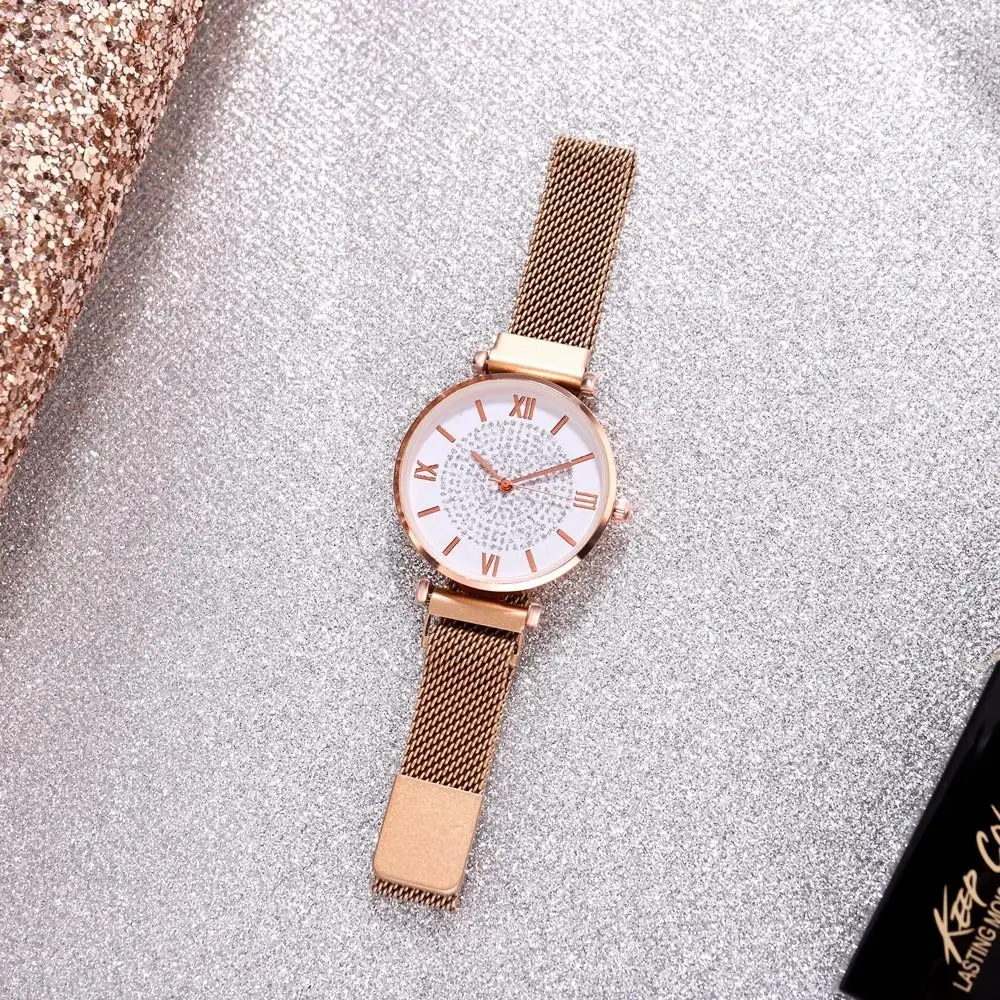 

Luxury Rose Gold Women Mesh Magnet Buckle Watches Hot Fashion Gypsophila Rome Elegant Ladies Wristwatches Female Watch Clock