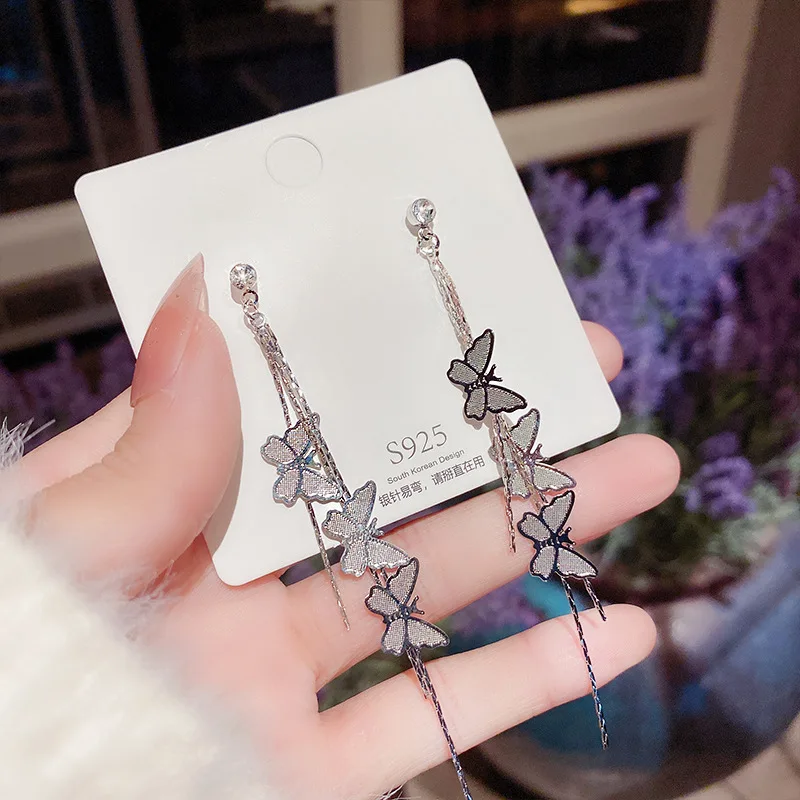 

Long Tassel Butterfly Drop Earrings For Women Silver Color Needle Sweet Fashion Hanging Earrings Summer Jewelry Girls Gift 1Pair
