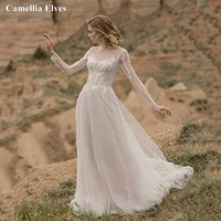bohemian tulle wedding gown full sleeve lace appliques bride dress button backless classic o neck bridal gowns vestidos de novia