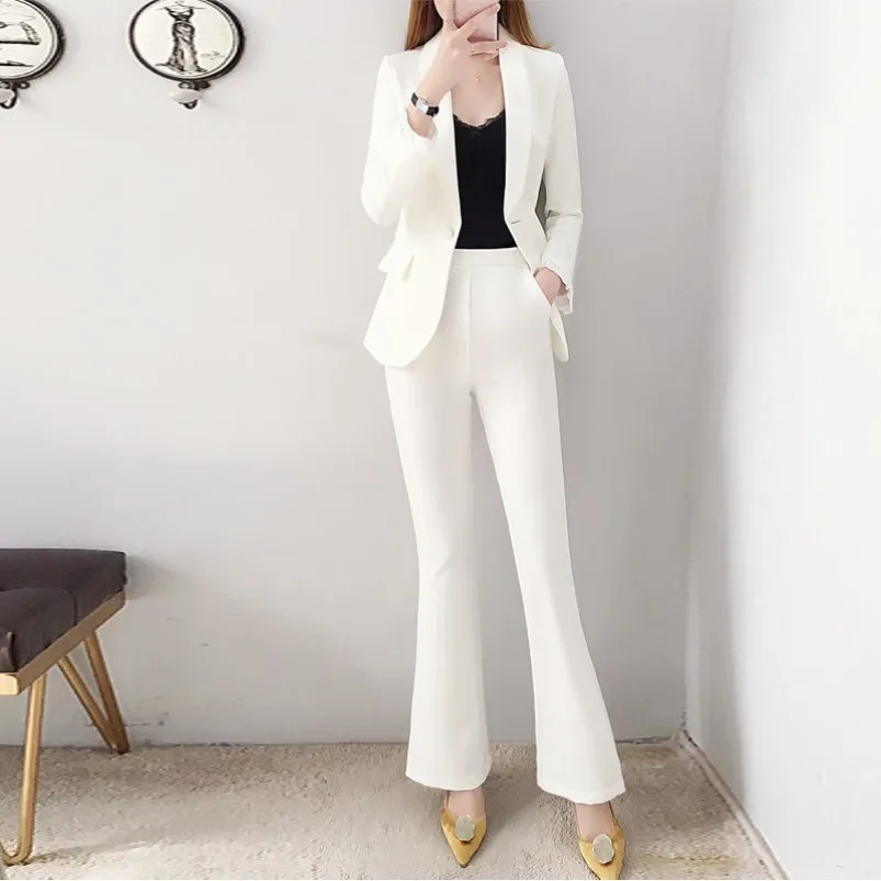 

Spring Business Pants Set Two Piece Suits Off White Long Sleeve Blazer Elegant OL Blazer Sets Fashion Office Wear