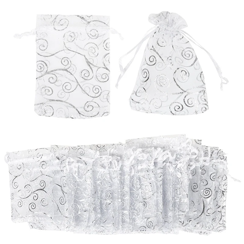 

100Pcs Sheer Organza Favor Bags for Wedding Baby Shower Rattan Print Gift Bags Samples Display Drawstring Pouches (9X12cm, Silve